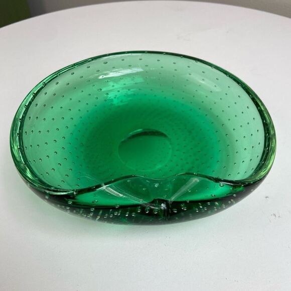 Vintage Emerald Green Bullicante Controlled Bubble Handblown Glass Dish Ashtray - Picture 3 of 11